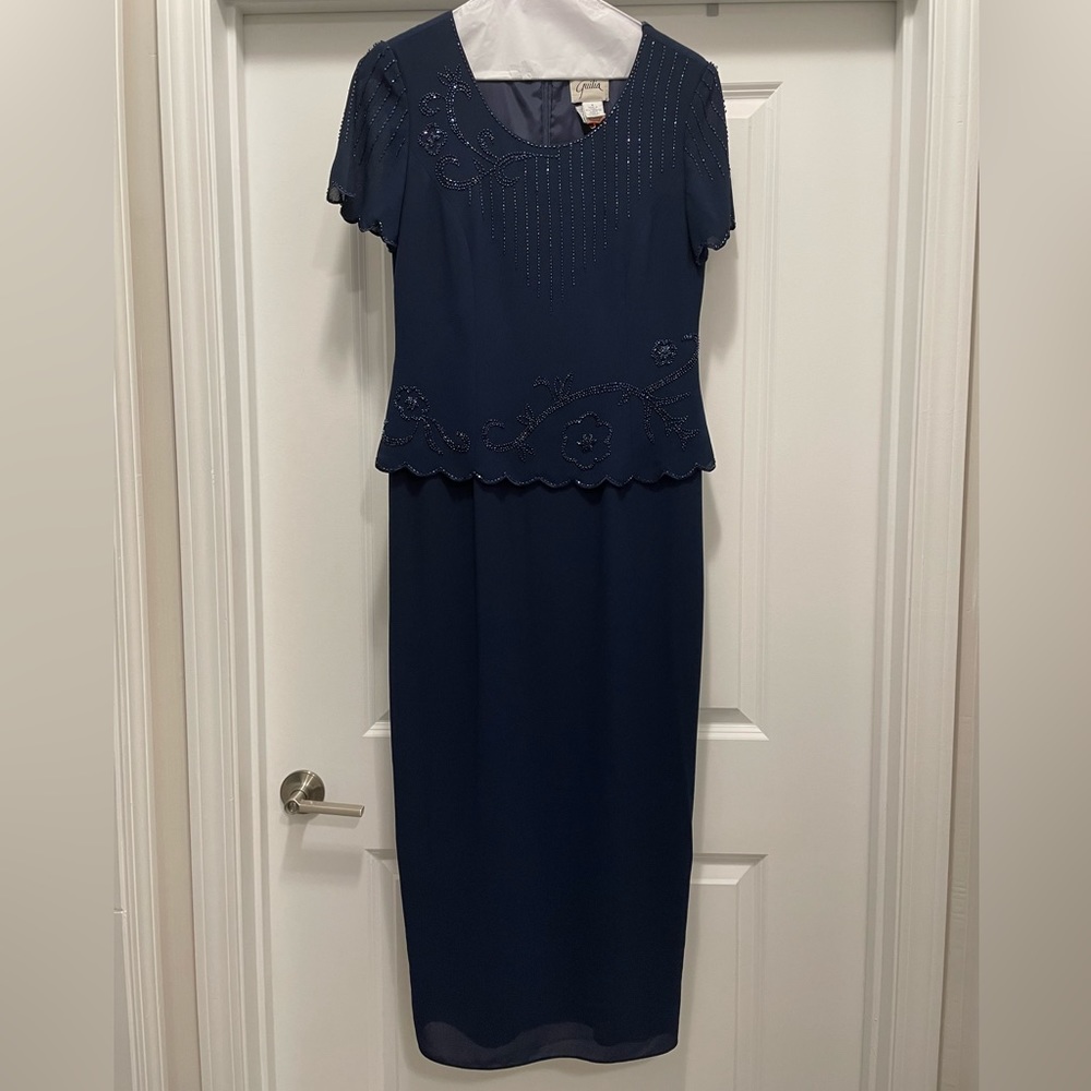 Guilia Formal Navy Blue Gown, Slim Fit, Decorative Sequins,  Cap Sleeves, Size 8